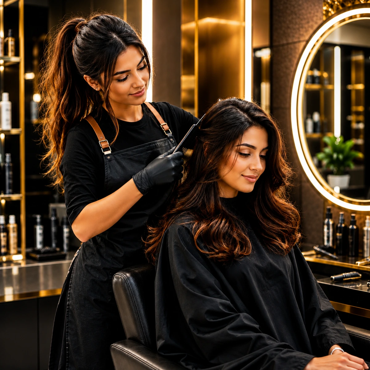 Hair stylist working with a client in a modern beauty salon