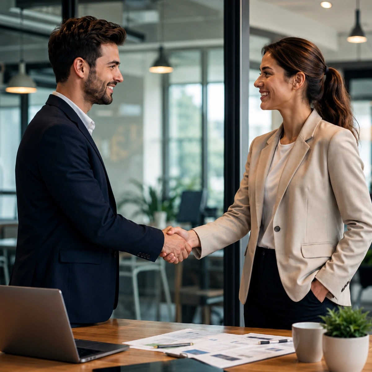 Business professionals discussing a new partnership in an office