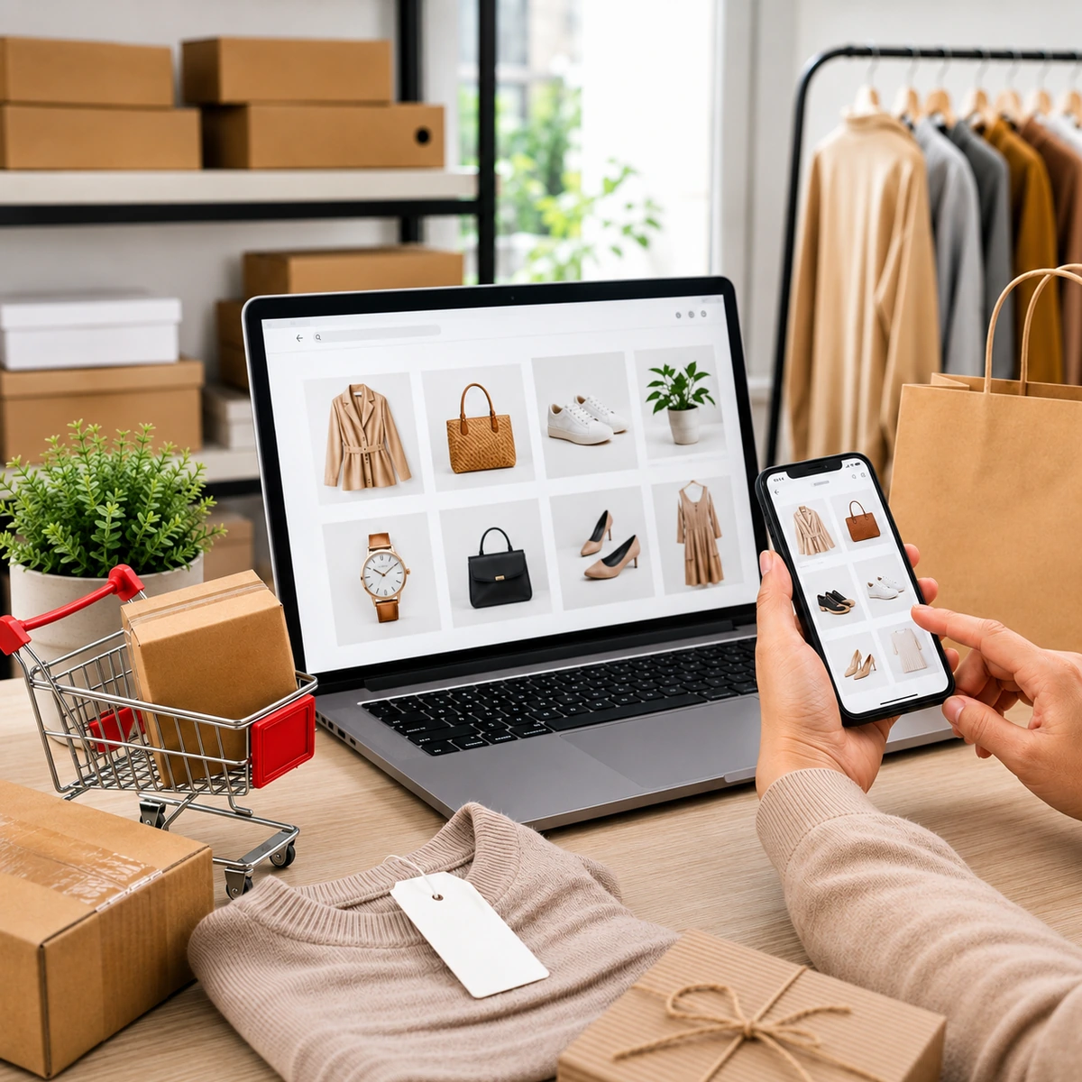Fashion ecommerce store displayed on laptop and mobile screens