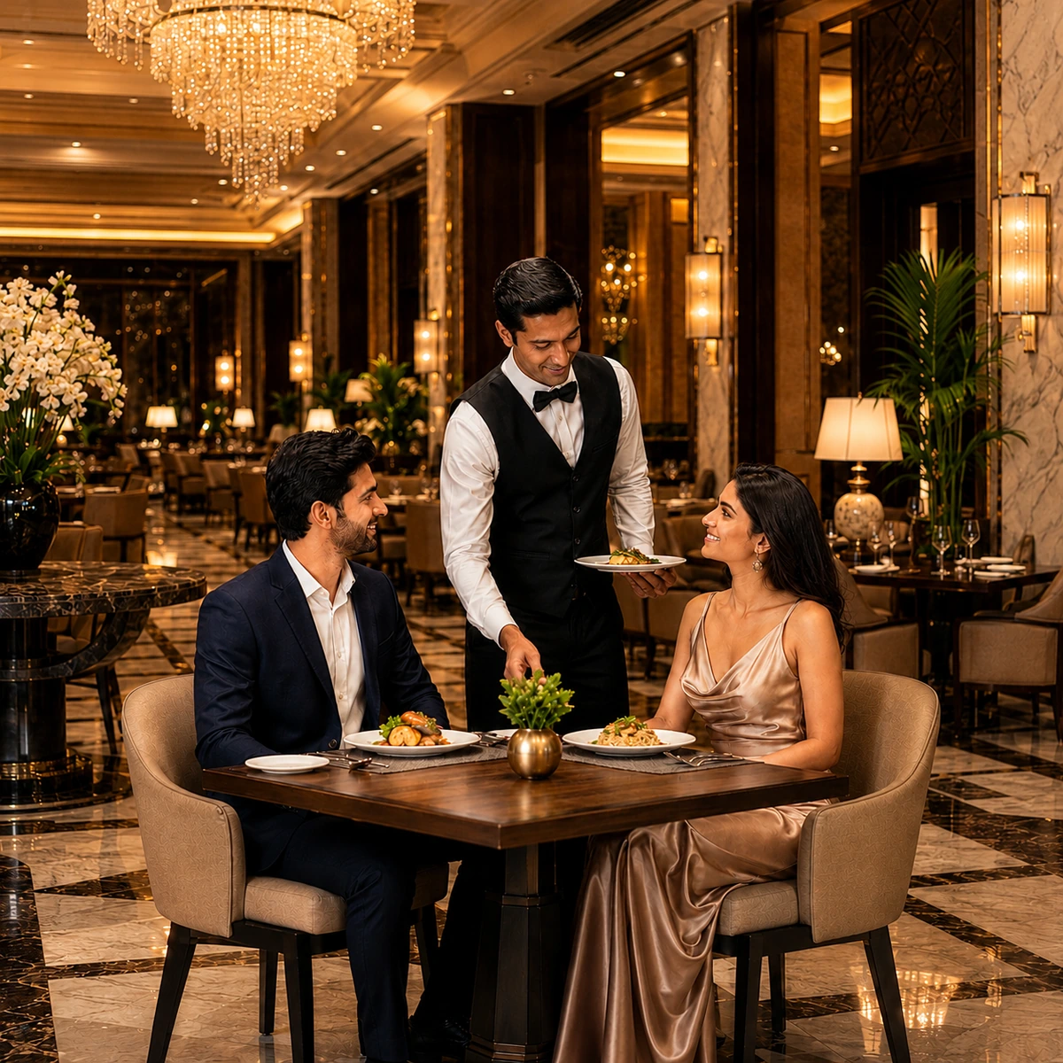 Restaurant staff serving guests in a professional dining setting