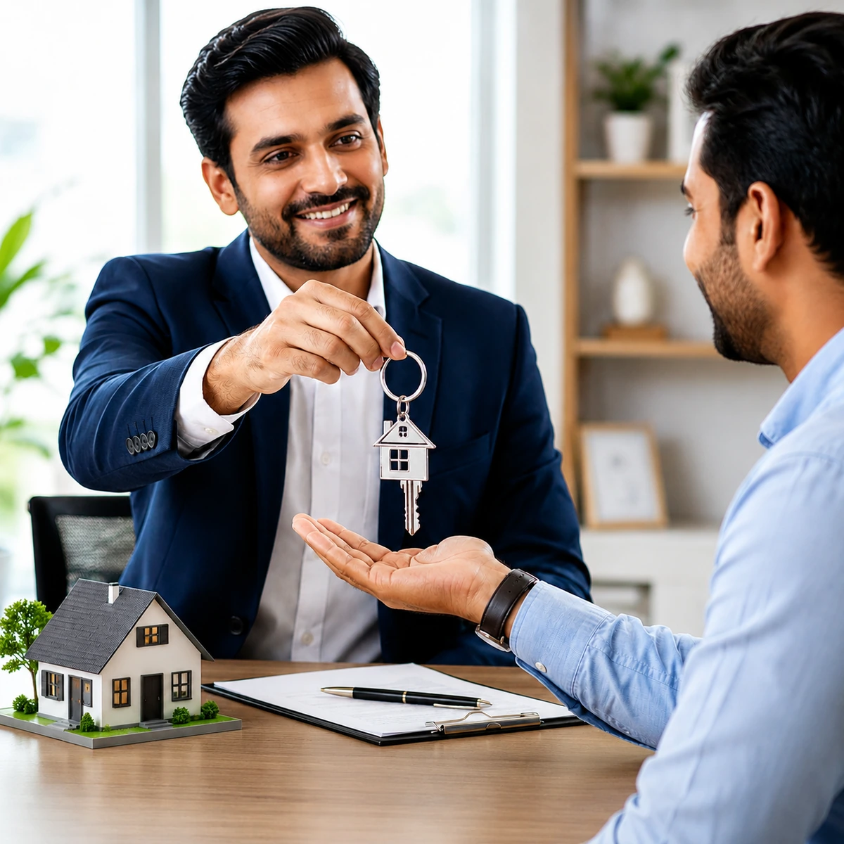 Real estate agent presenting house keys during a property consultation